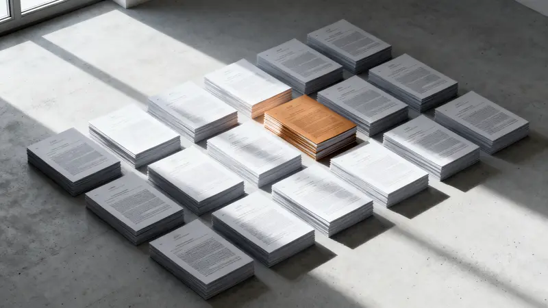 Forty near-identical stacks of legal documents on a concrete floor, one lit in amber