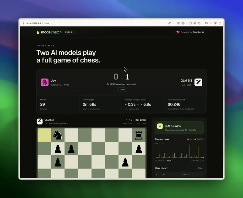 Still from Jev vs. GLM at chess (X)