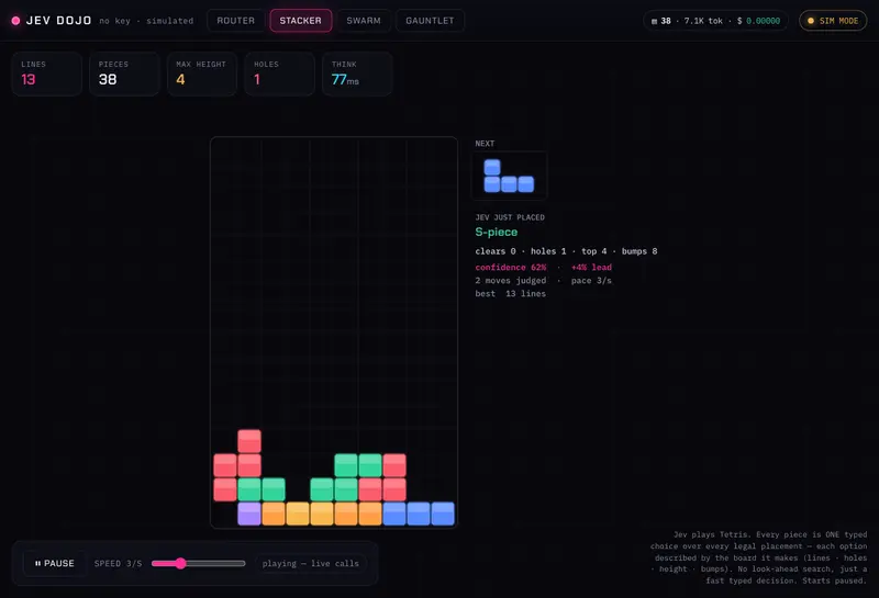 The Stacker scene — Jev plays Tetris, one typed decision per piece